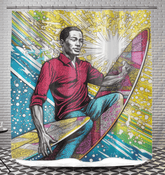 Surfing 5 20 Shower Curtain showcasing vibrant surf and beach graphics for a lively bathroom theme.